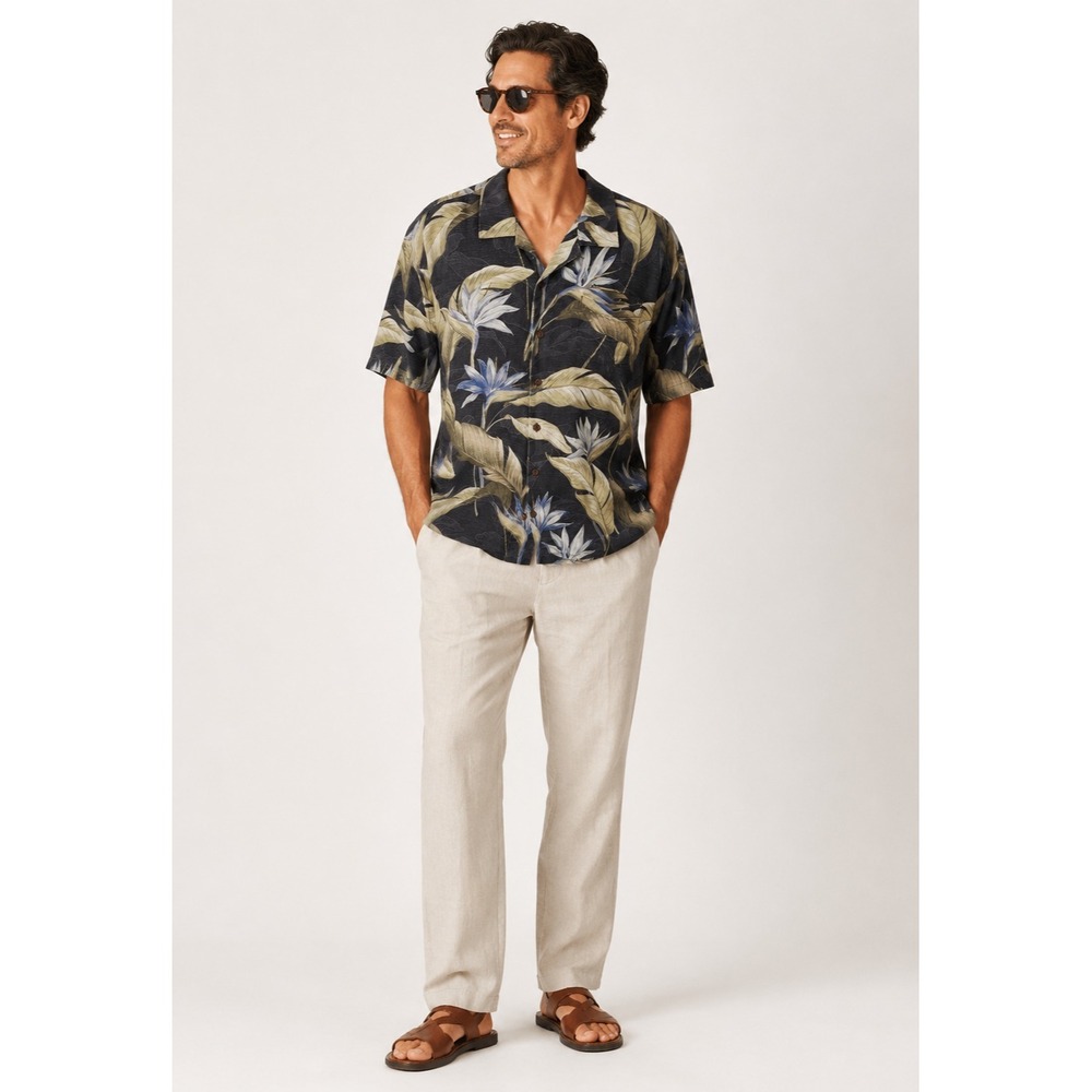 Tommy Bahama‎ Button Front Shirt Mens XL Gray Green Tropical Print Silk